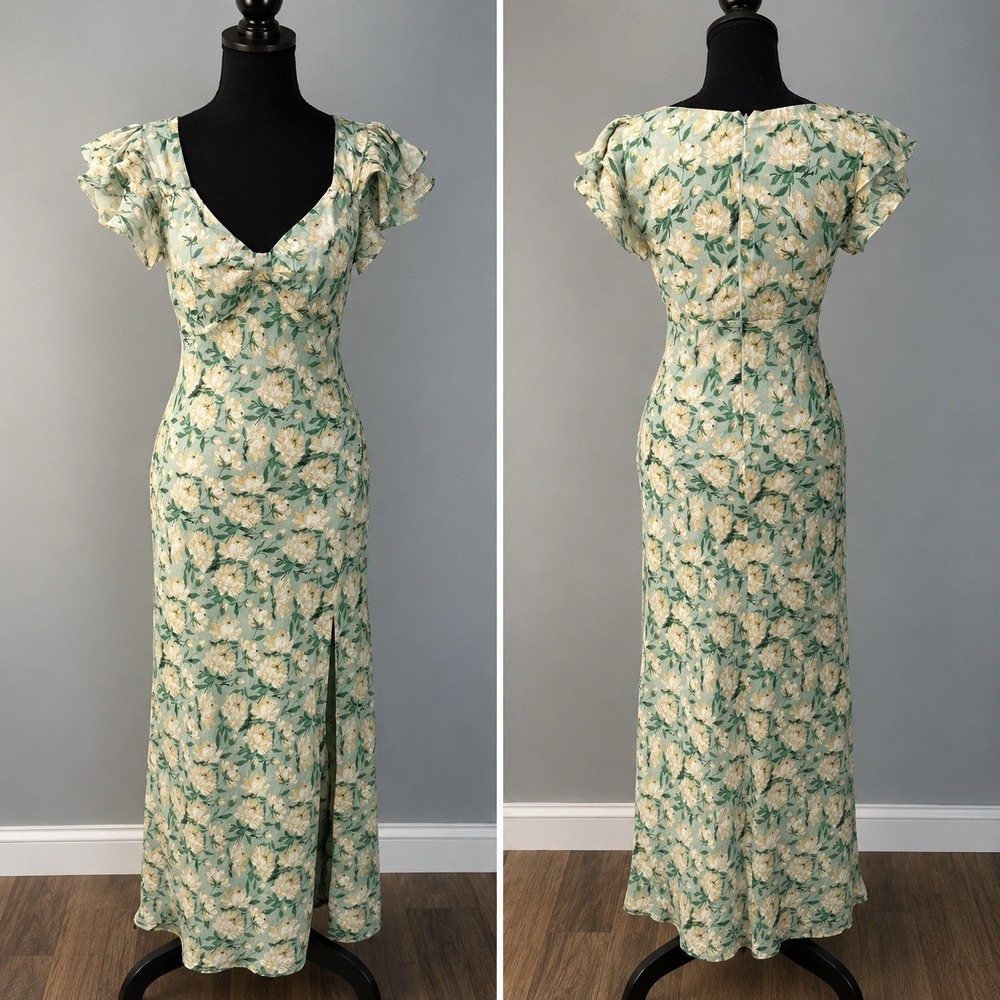 ASTR The Label Women's Green Floral Flutter Sleeve Slit Midi Dress Size S